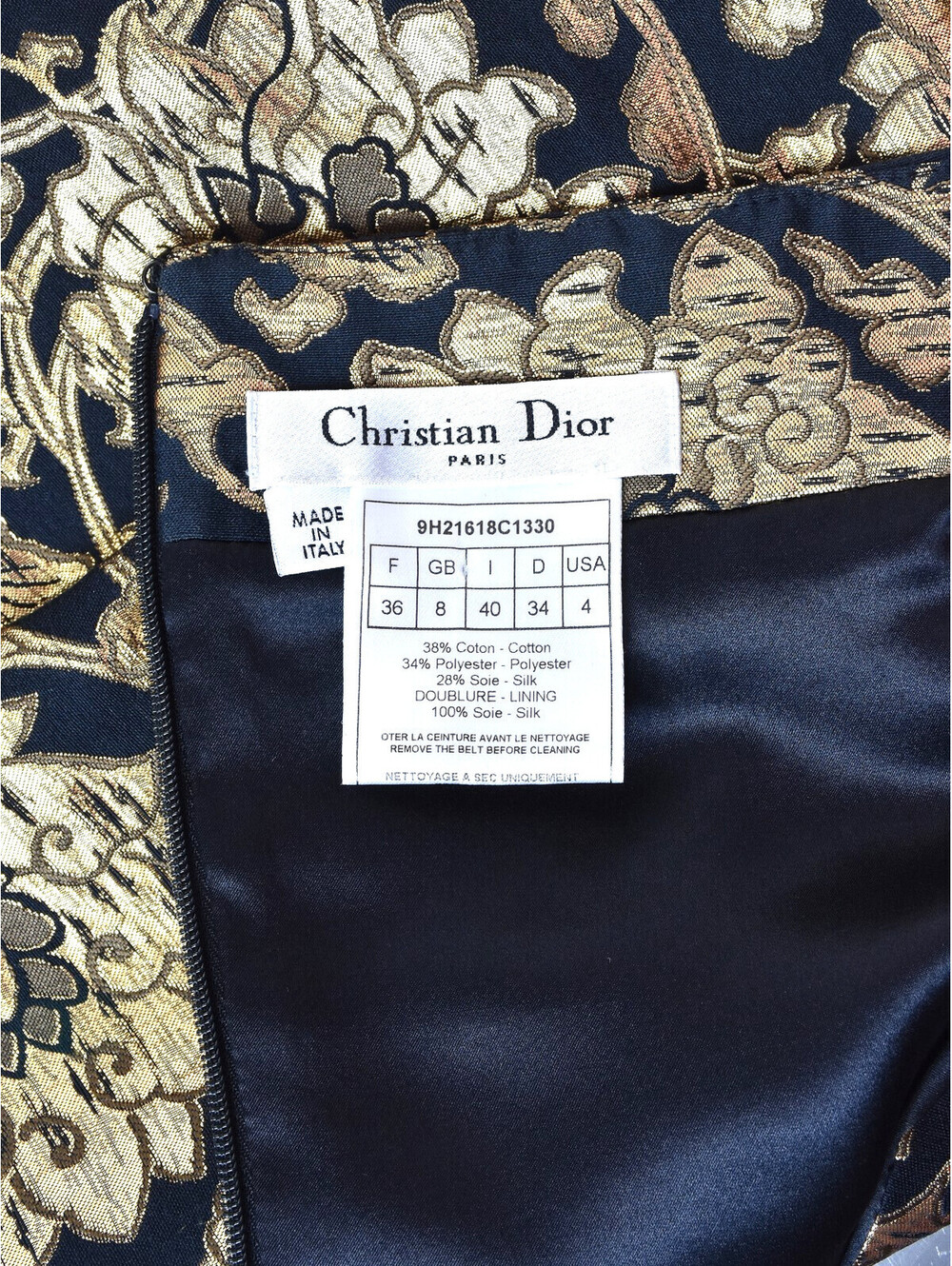 CHRISTIAN DIOR John Galliano Black & Gold Lamè Floral Sheath Cocktail Dress SZ 4 - Picture 7 of 8
